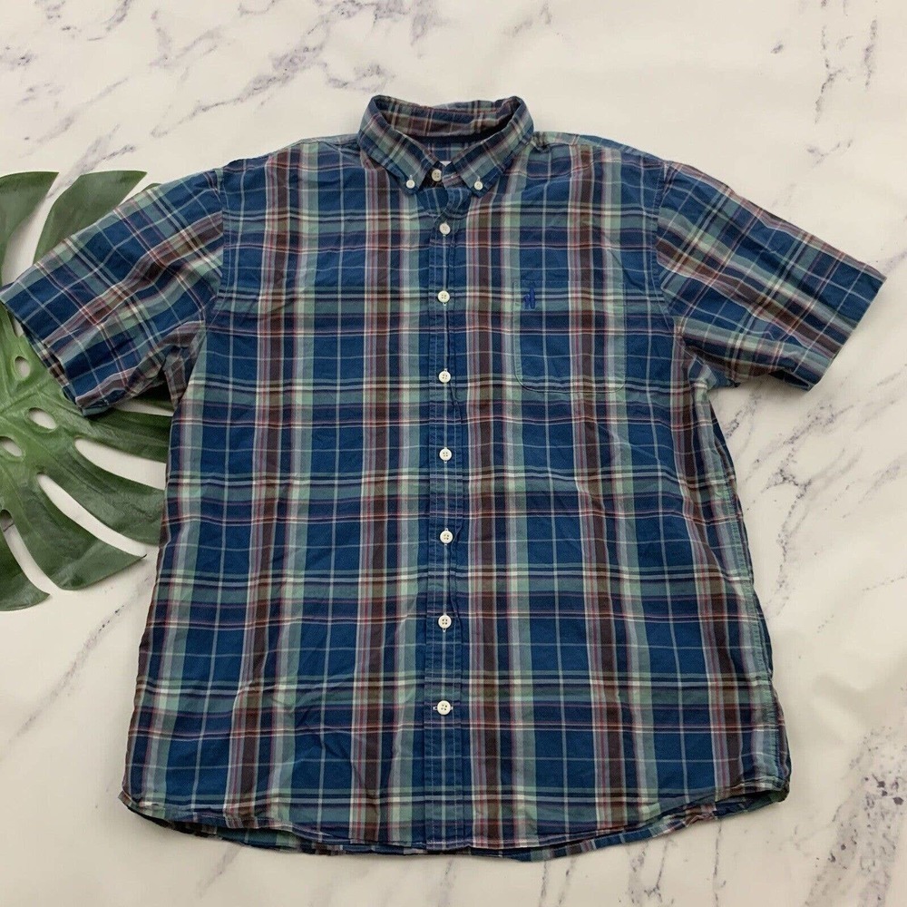 Johnnie O Mens Hangin Out Button Up Shirt Size L Blue Green Plaid Short Sleeve